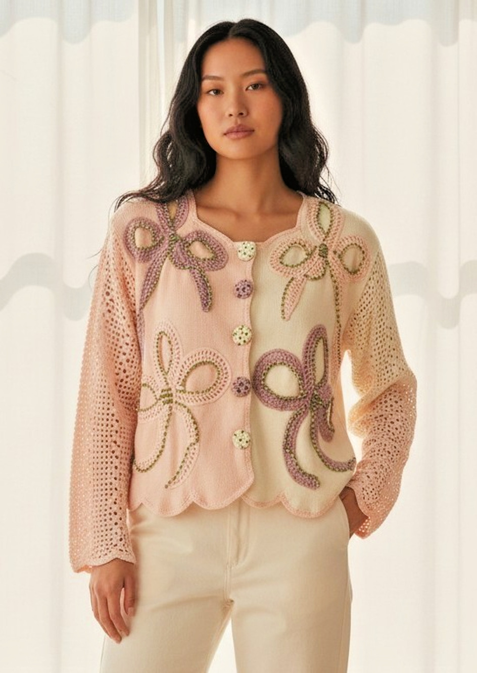 Lisa Nichols Sz S Knit Cardigan Embellished with Crocheted Bows Romantic Pink